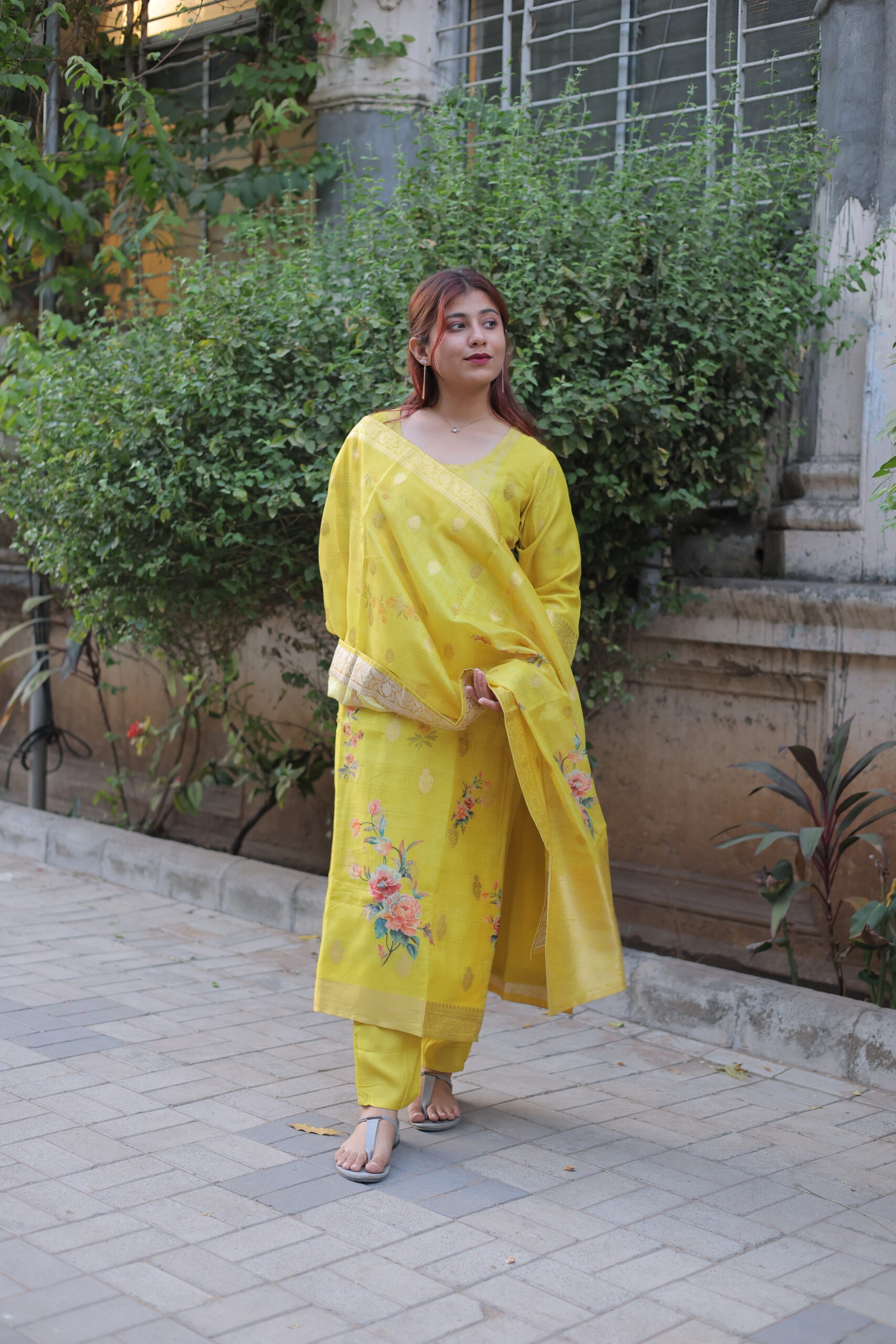 Yellow Designer Shimmer Pant Set
