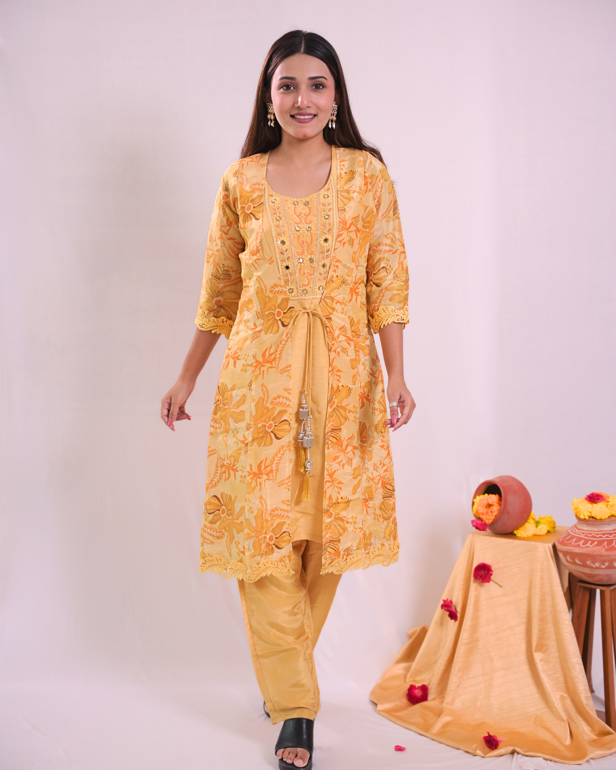 Yellow Designer top Pant with Outer
