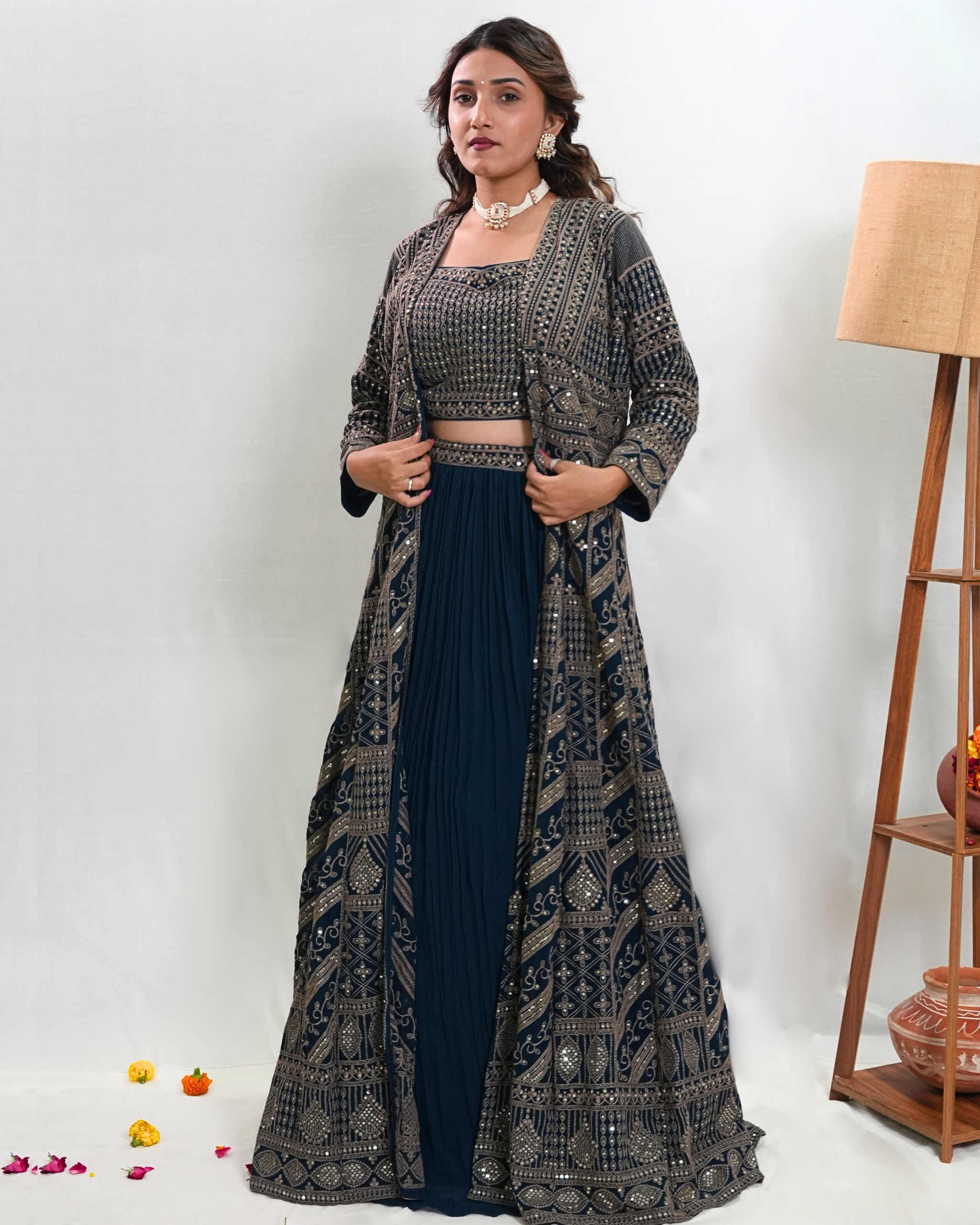 Dark Navy Blue Indowestern Choli with Long Outer Shrug