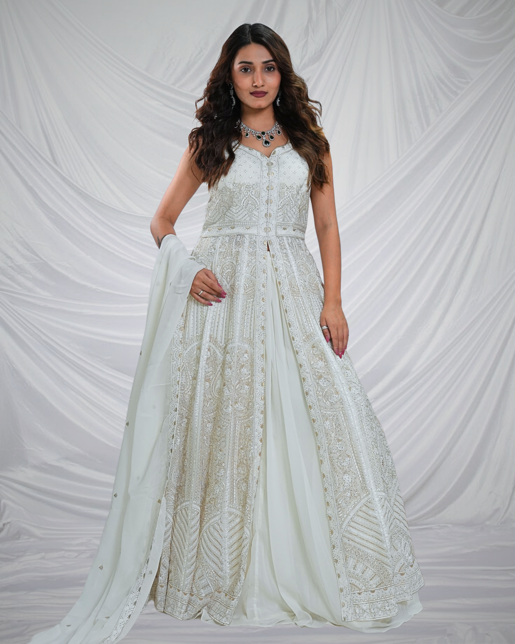 White Fabulous Center cut Indowestern with Plazo