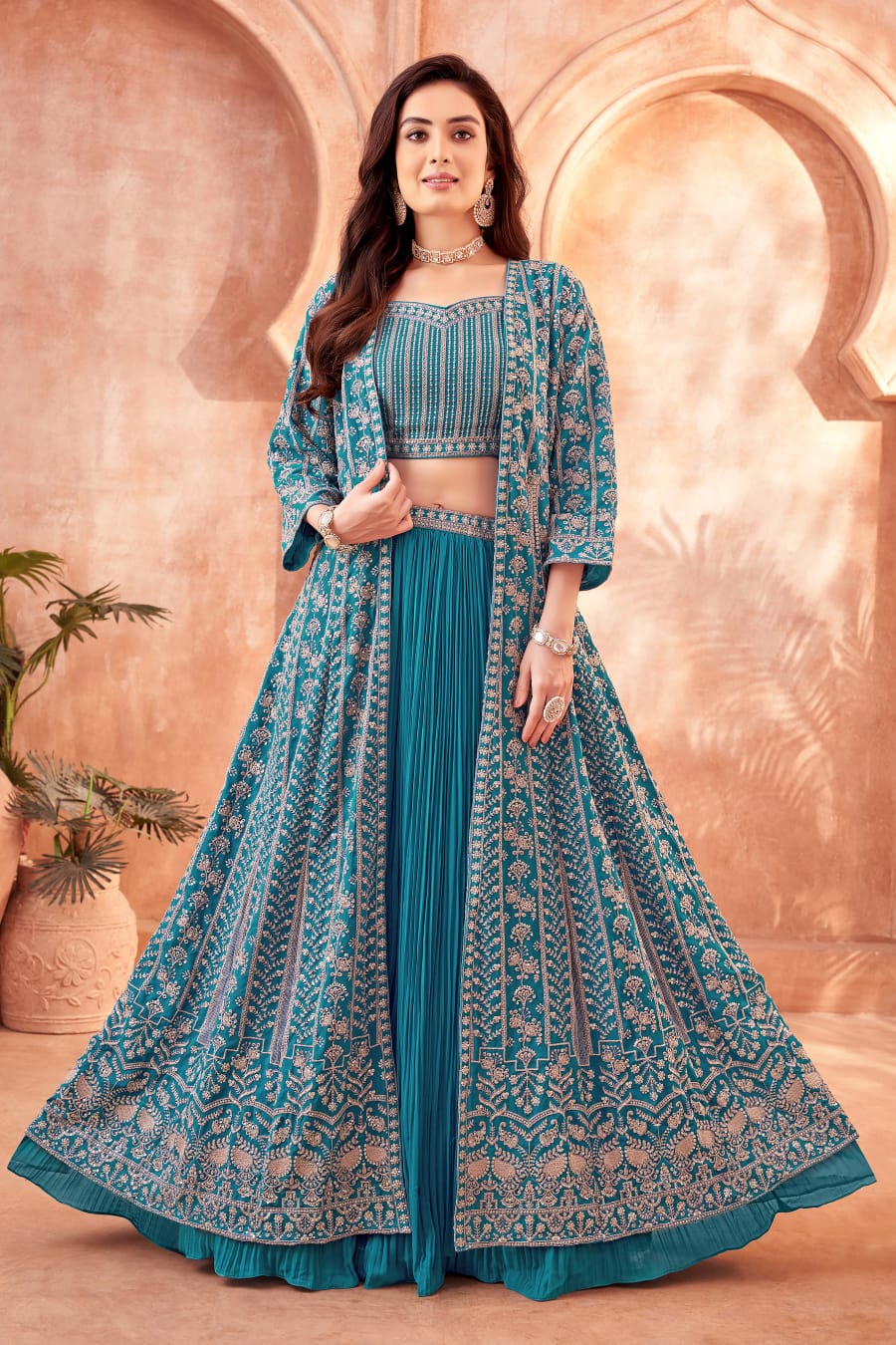 Rama Blue Indowestern Choli with Long Outer Shrug (Copy)