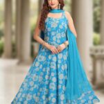 Aquatic Blue Spaghetti Strap Anarkali