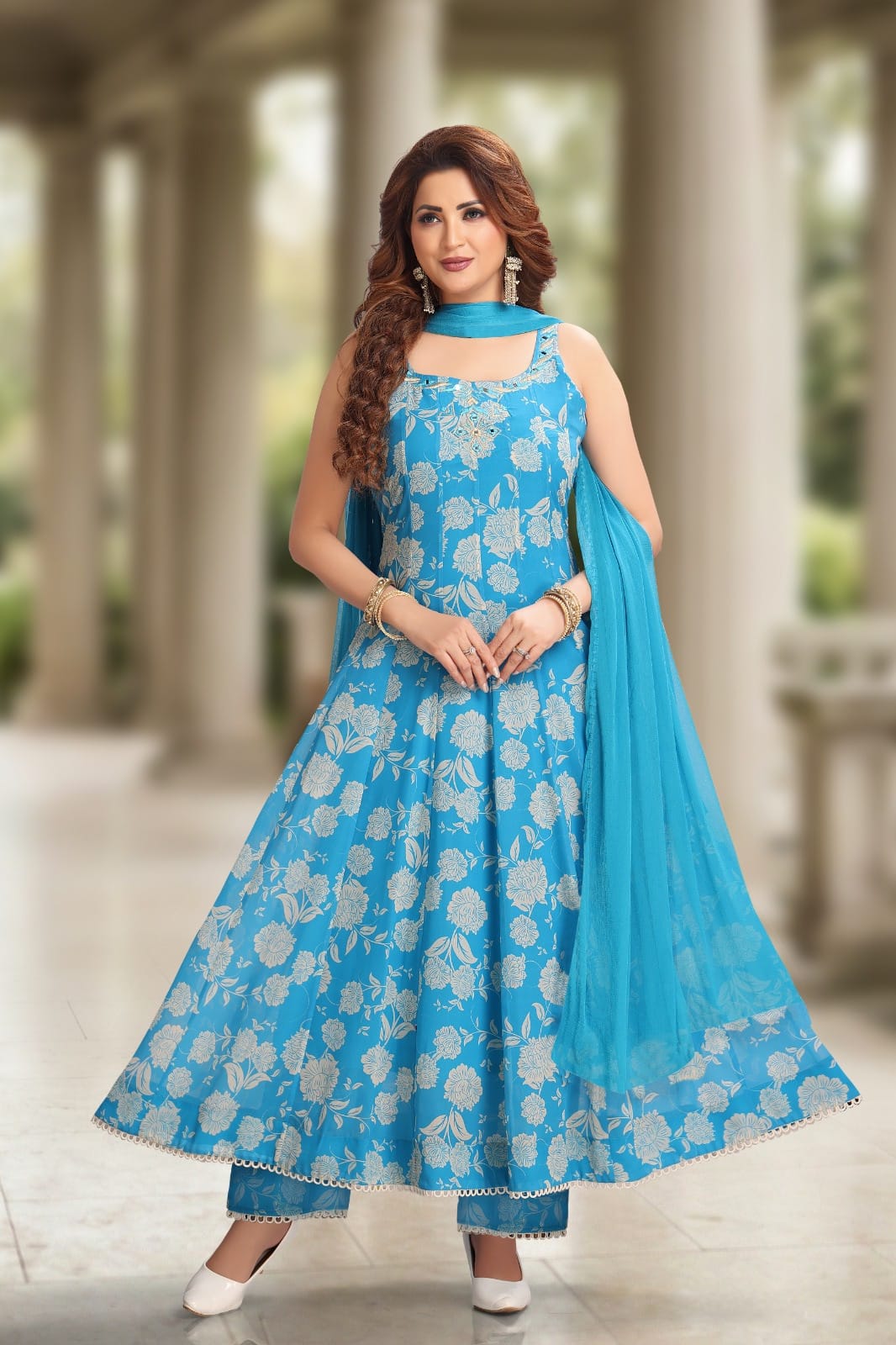 Aquatic Blue Spaghetti Strap Anarkali