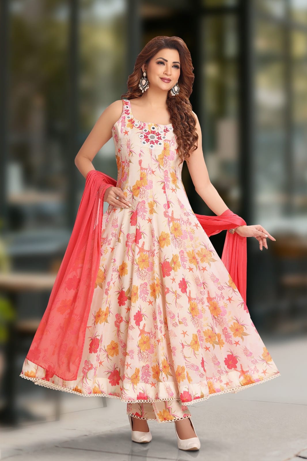 Cream White Spaghetti Strap Anarkali
