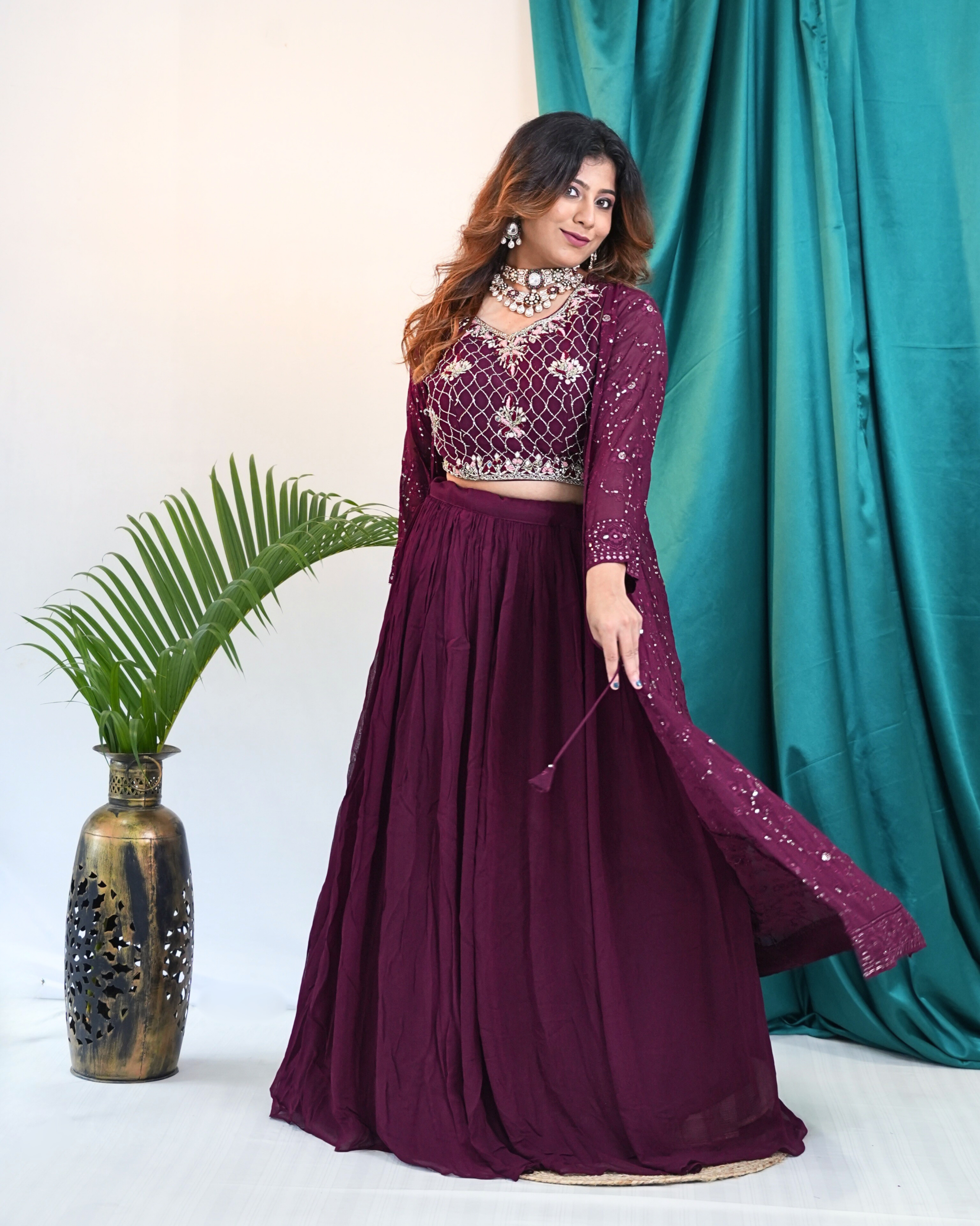 Wine Beautiful Indowestern Choli with Long Shrug