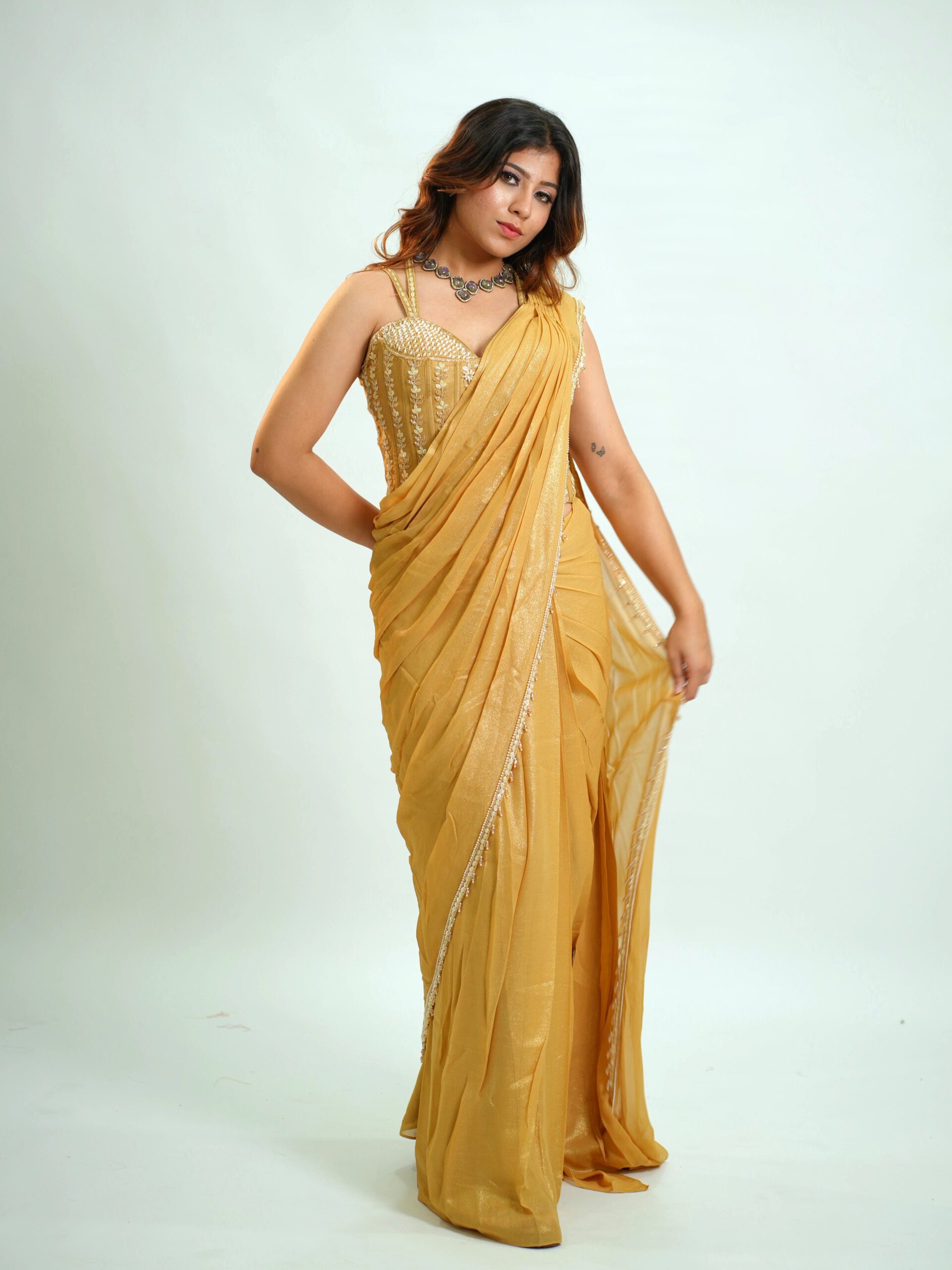 Gold Stunning Corset Saree with Pearl
