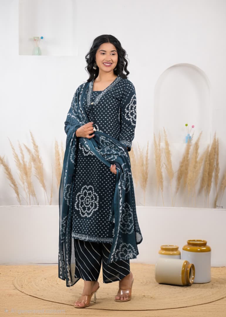 Navy Blue Cotton Bandhani Pant Set