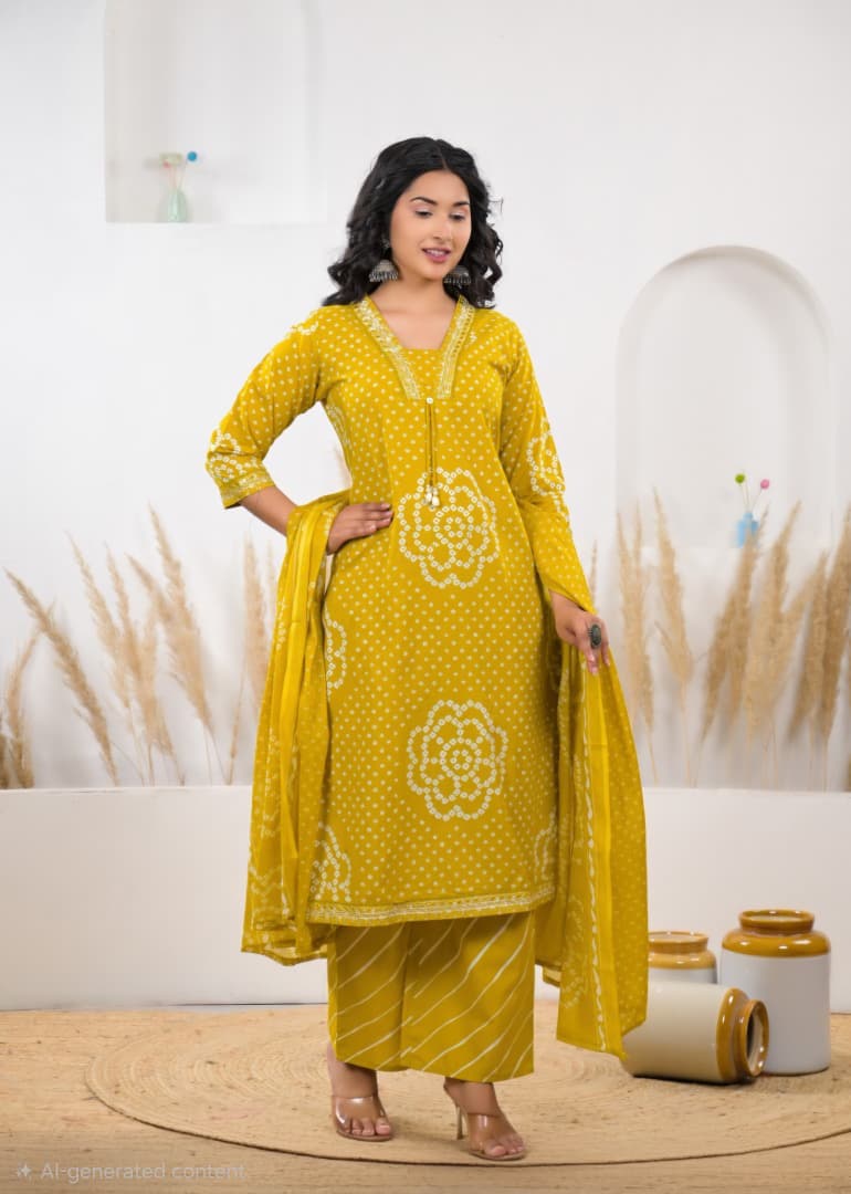 Yellow Cotton Bandhani Pant Set