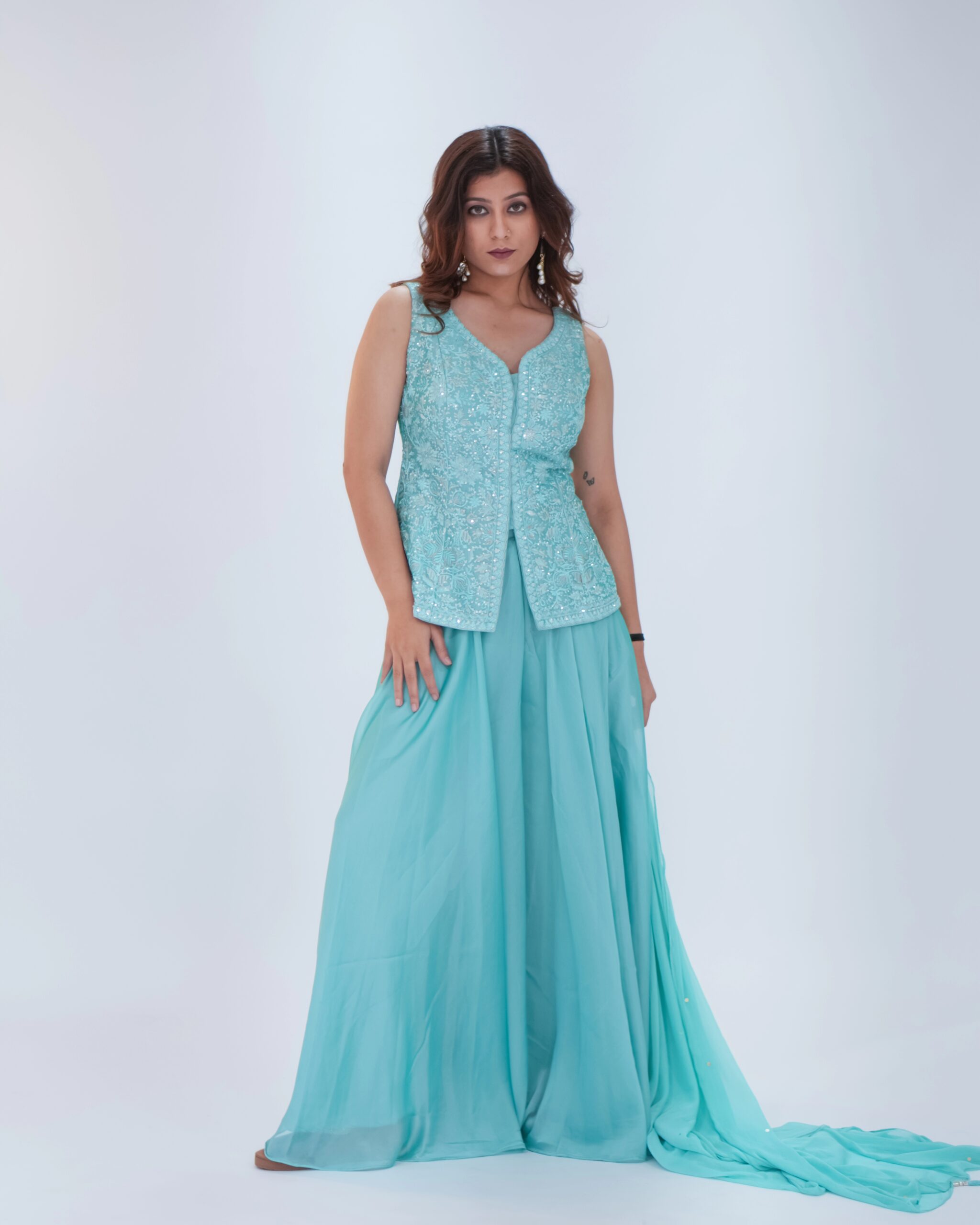 Sea Blue Designer Short Top Plazo